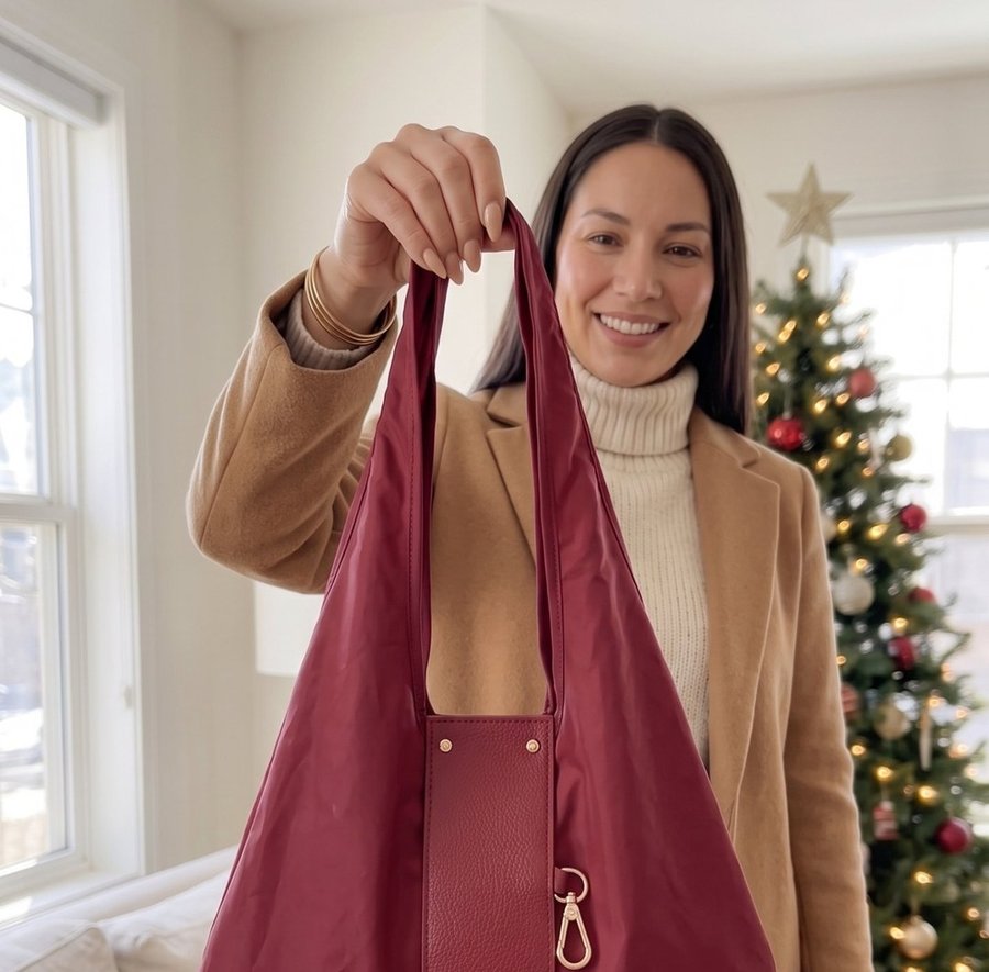 Woman smiling with the open tote